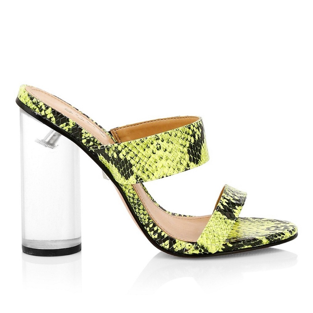 SCHUTZ Neon Yellow Snakeskin Clear Block Heel Sandals